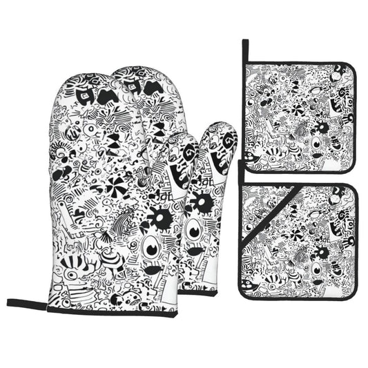 Black & White Doodle Kitchen Baking 4-Piece Set (Oven Mitt + Pot Holder, Heat-Resistant & Non-Slip, Essential for Cooking & BBQ)