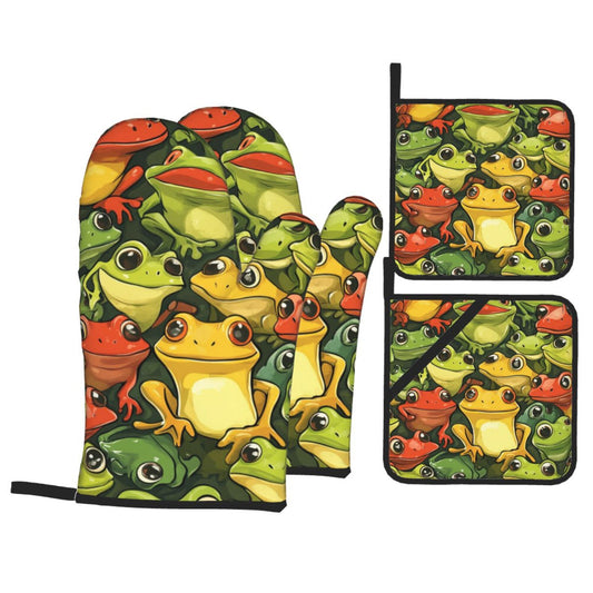 Cartoon Frog Pattern Kitchen Baking 4-Piece Set (Oven Mitt + Pot Holder, Heat-Resistant & Non-Slip for Cooking & BBQ)