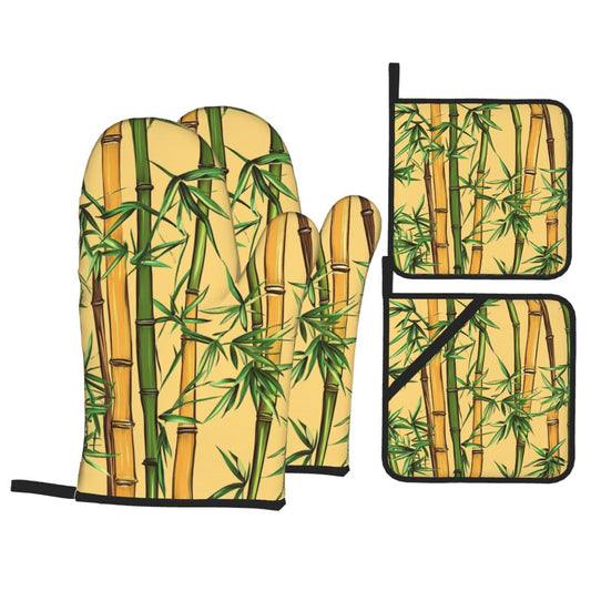 Bamboo Pattern Kitchen Baking 4-Piece Set (Oven Mitt + Pot Holder, Heat-Resistant & Non-Slip for Cooking & BBQ)