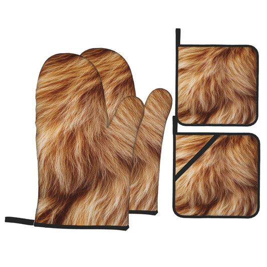 Faux Fur Texture Kitchen Baking 4-Piece Set (Oven Mitt + Pot Holder, Heat-Resistant & Non-Slip for Cooking & BBQ)